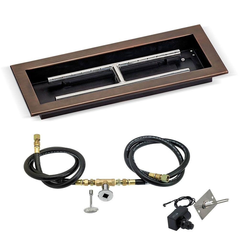 Rectangular gas fire pit burner kit with oil-rubbed bronze pan, stainless burner, and hoses