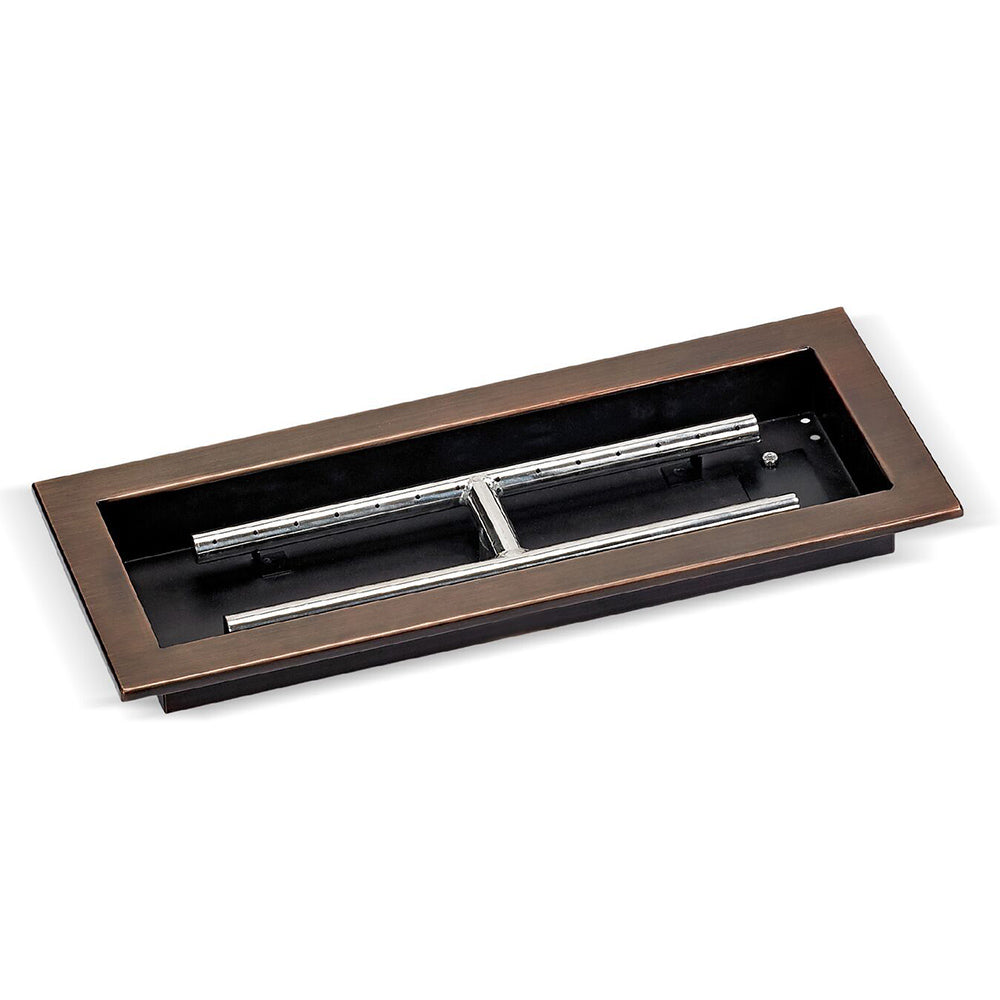 Rectangular burner pan with oil-rubbed bronze frame and stainless burner tubes