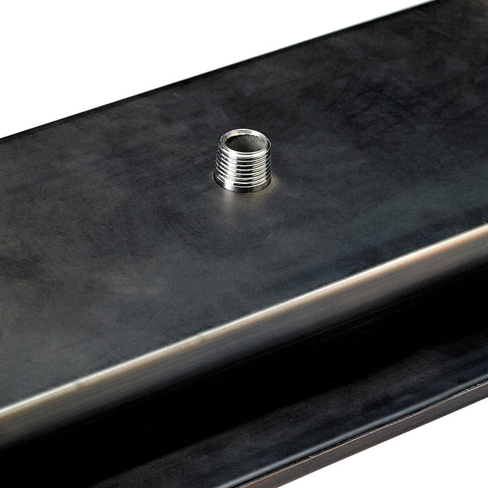 Rectangular burner pan with black surface and threaded gas inlet fitting