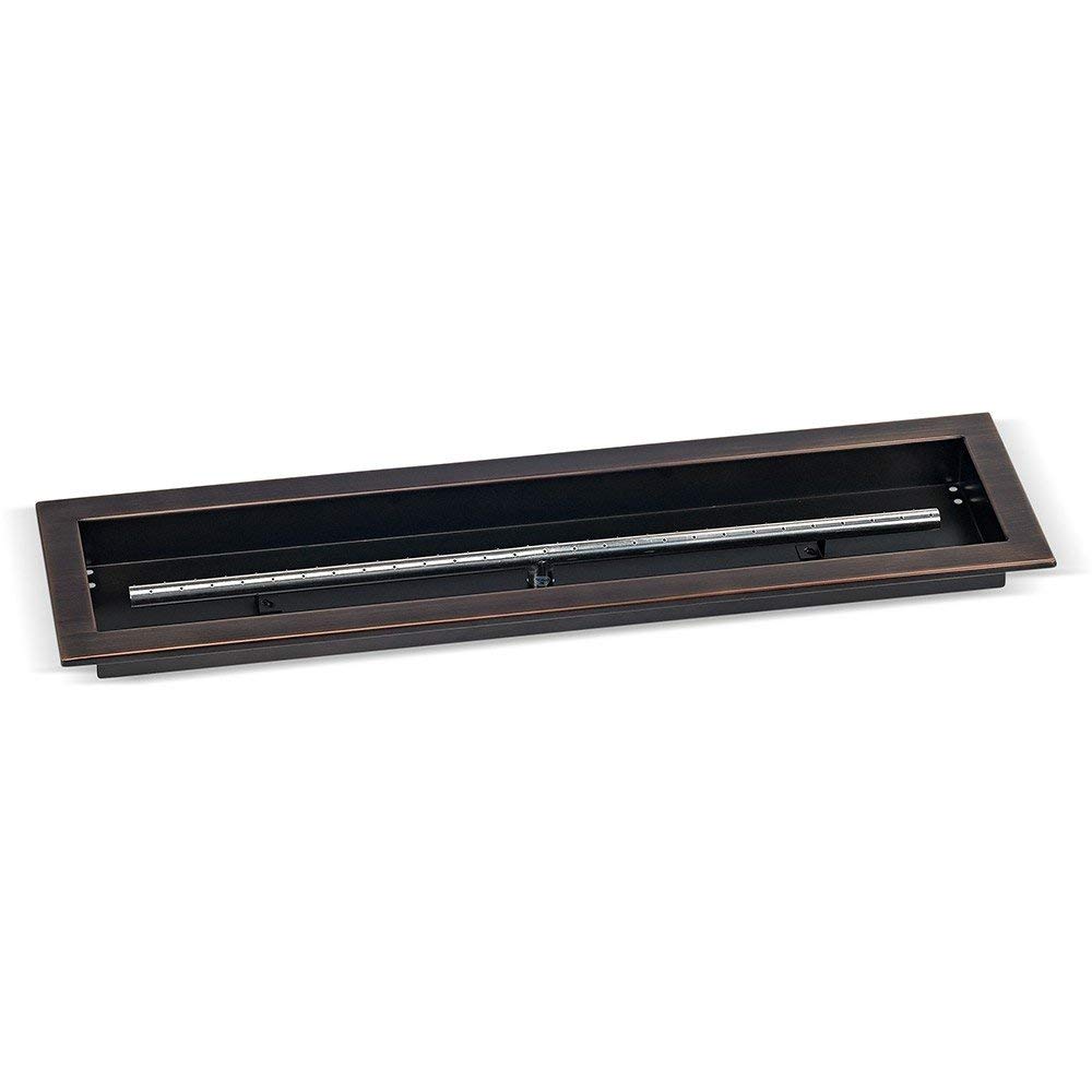 Linear fire glass burner pan with oil-rubbed bronze frame and black interior channel