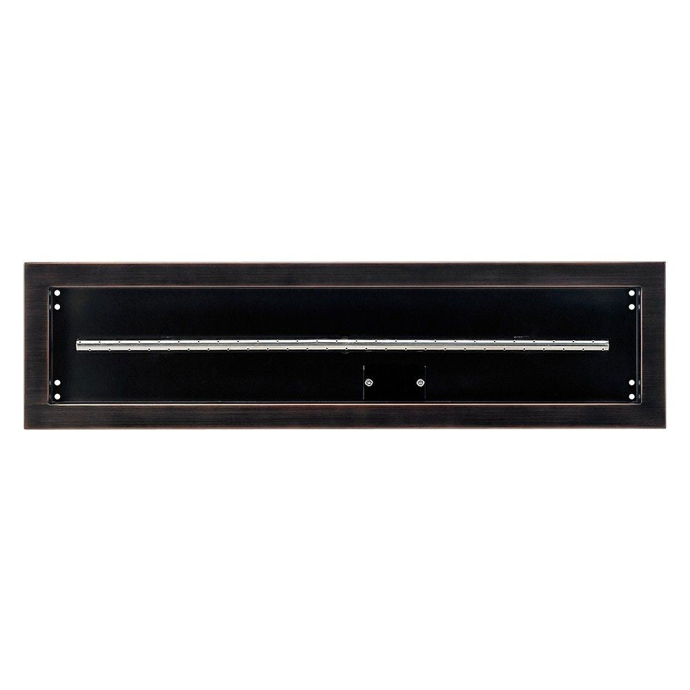 Oil-rubbed bronze fire pit burner trough with long black burner housing and internal grate