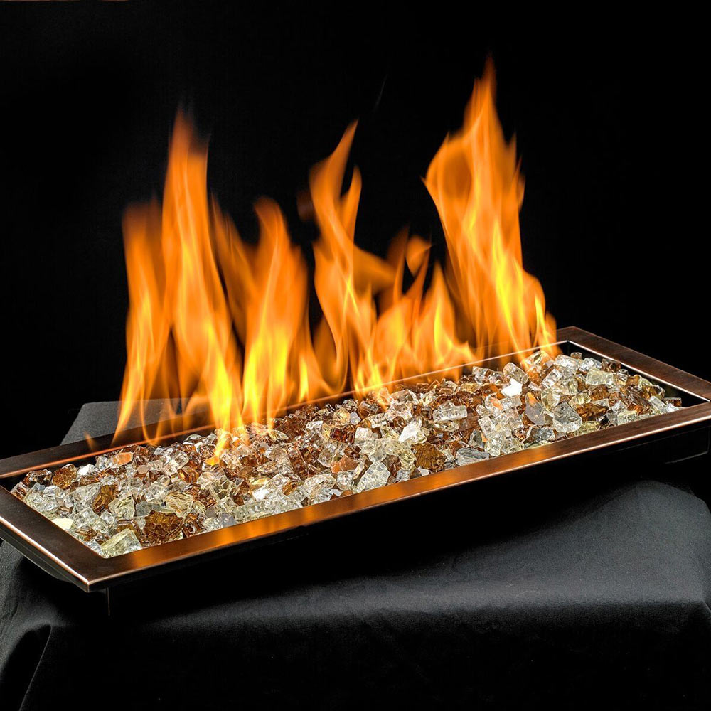Gas fire pit burner pan with blue glass media and multiple high flames