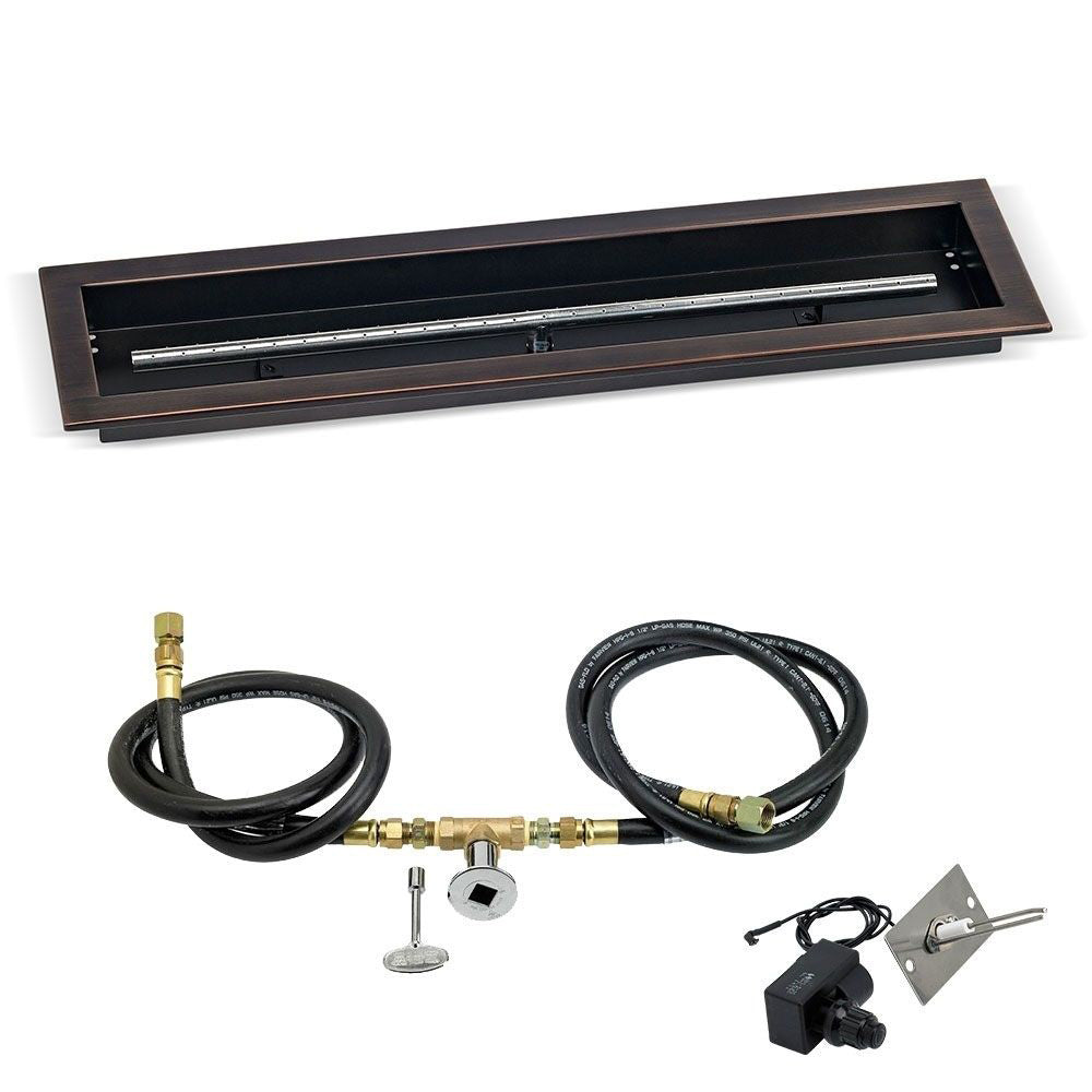 Fire pit kit with burner trough, black hoses, brass fittings, and spark igniter module