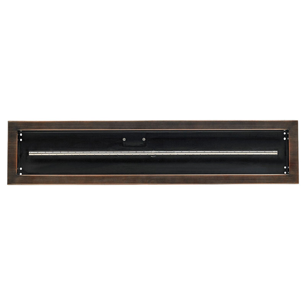 Oil-rubbed bronze fire pit burner tray underside with mounting holes and bar