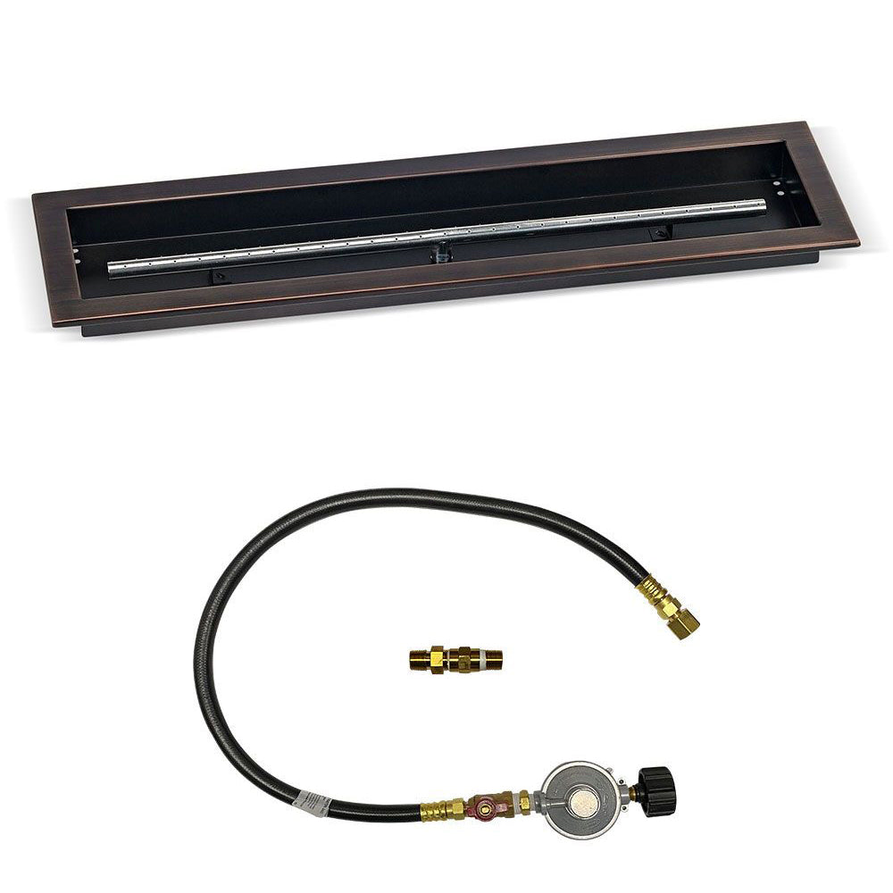 Fire pit burner tray with flexible gas line and brass fittings, oil-rubbed bronze