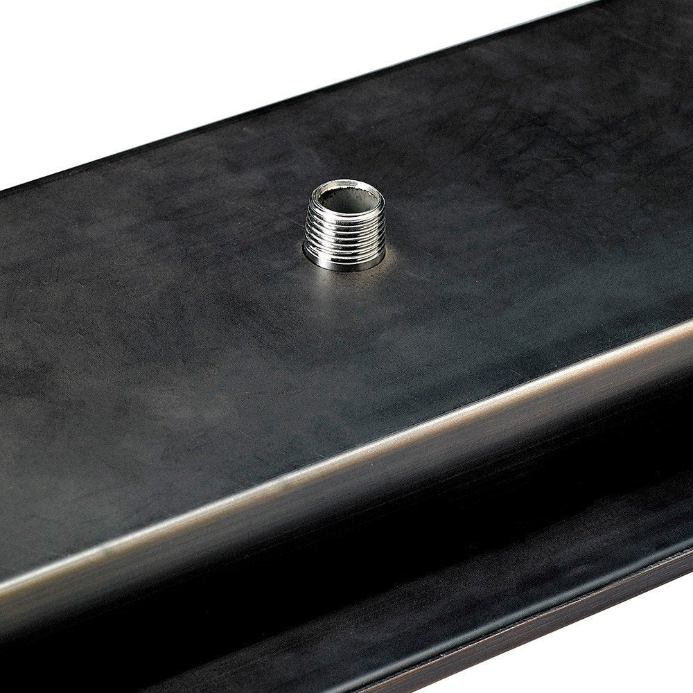 Rectangular burner pan with threaded fuel inlet opening on dark interior