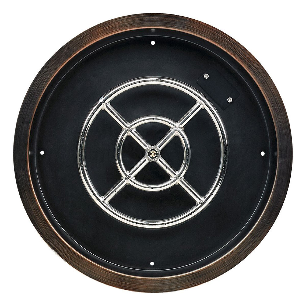Round black fire pit bowl with chrome spark ignition burner grate and bronze outer ring