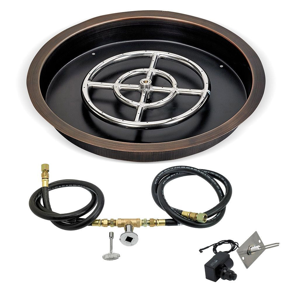 Oil-rubbed bronze and black round fire pit bowl with spark ignition parts and fuel hoses