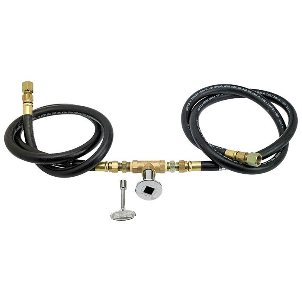 Gas fire pit fuel line hoses with brass fittings and a control shutoff component