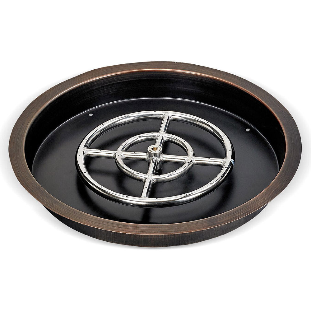 Round fire pit burner pan with bronze edge, black bowl insert and chrome burner ring