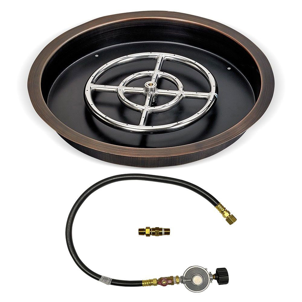 Round fire pit burner pan with bronze rim and black insert, gas hose and regulator