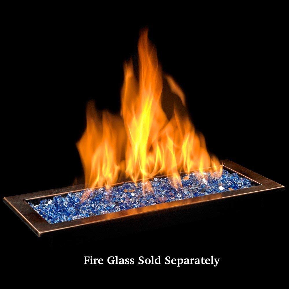 Linear fire glass burner pan with flame over blue fire glass and bronze rim