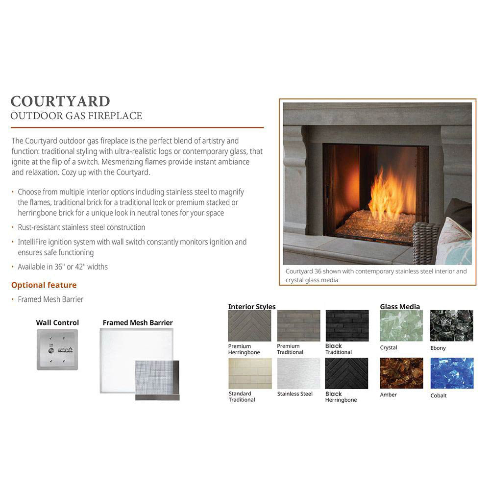 Outdoor gas fireplace brochure page with interior flame inset and style option icons