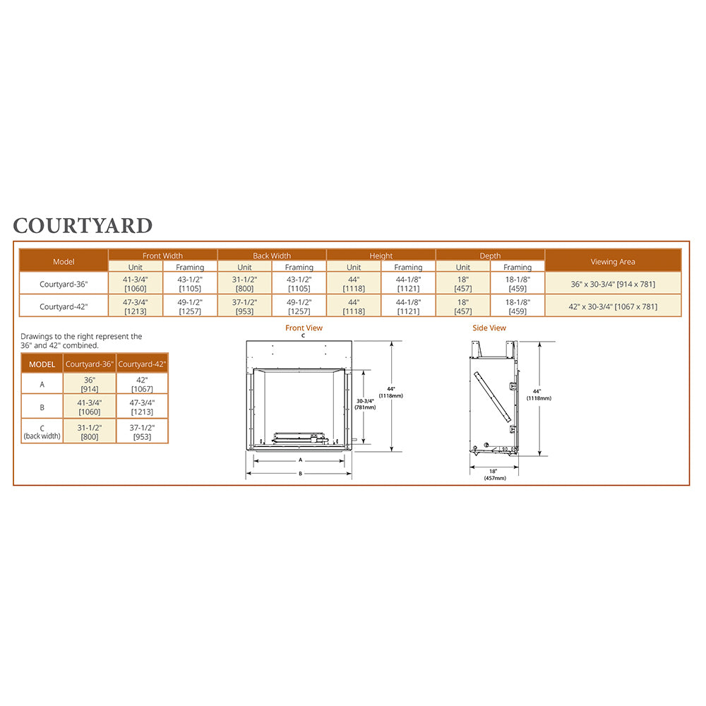 Outdoor gas fireplace dimensions chart with side view and front view diagrams
