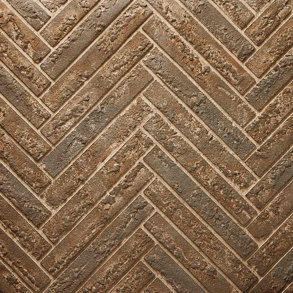 Brown herringbone refractory panel with brick chevron pattern.