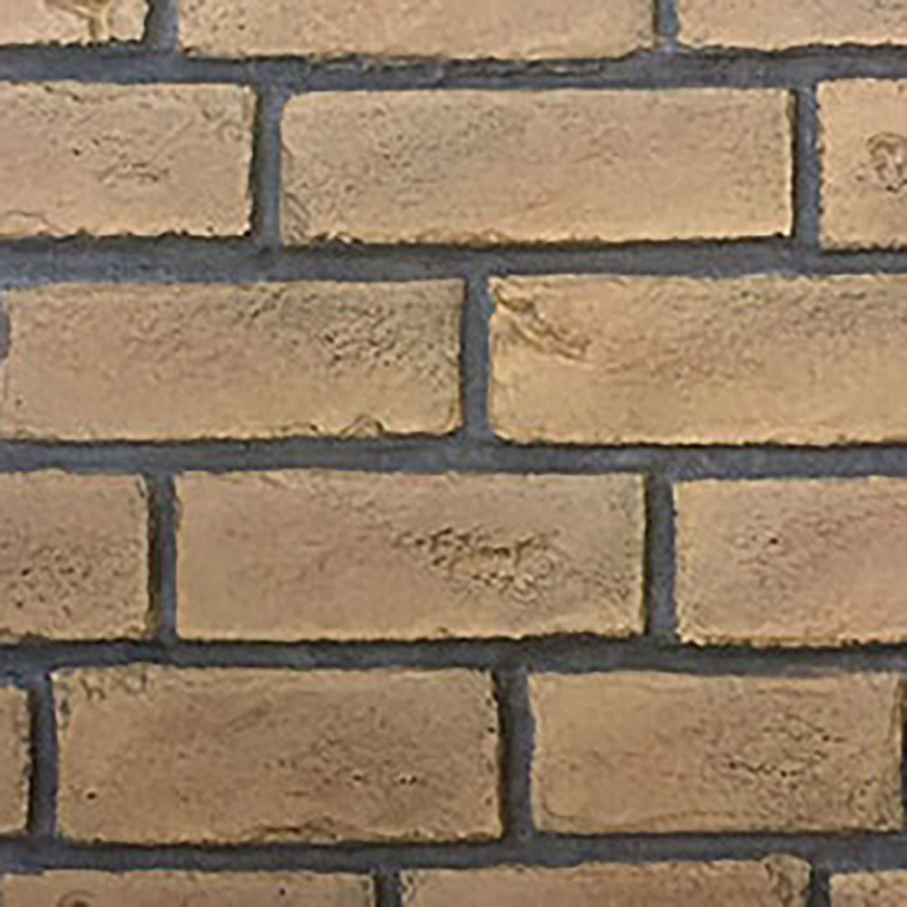 Traditional brick panel with tan rectangular blocks and dark mortar lines, close-up