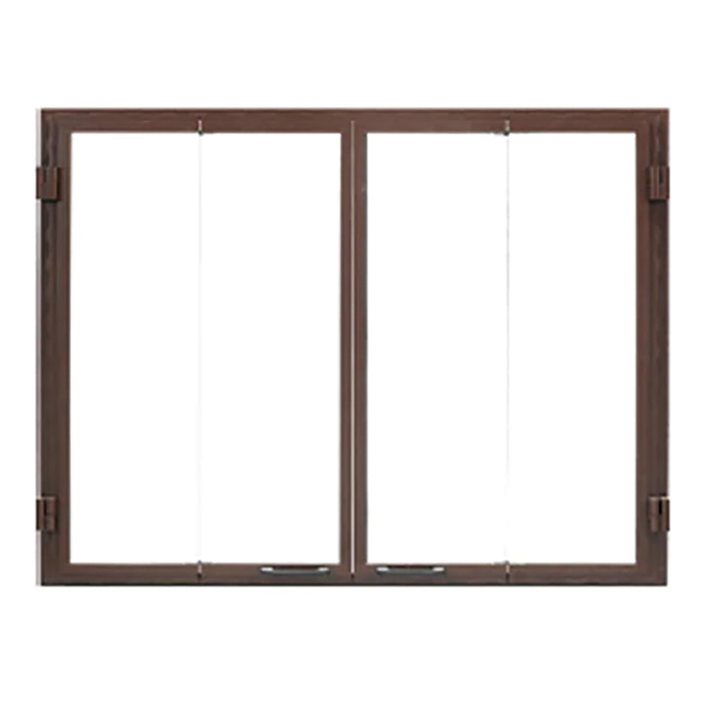 Bronze bi-fold glass door with two clear panels in wood frame