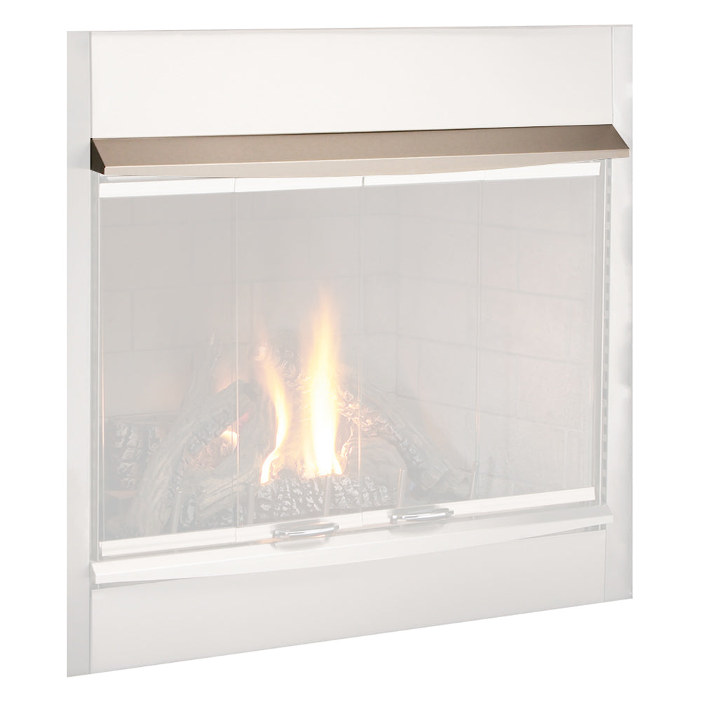 Fireplace with glass front and metal hood surround, showing burning flames inside