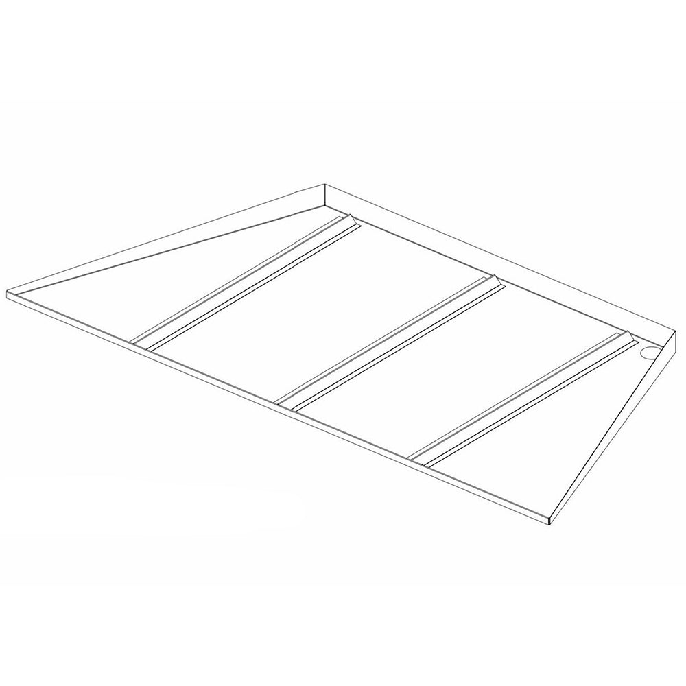 Drain pan for outdoor wood fireplace, rectangular with raised edges and parallel slats