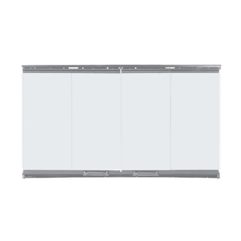Glass bi-fold fireplace doors with gray metal frame, rectangular panel design