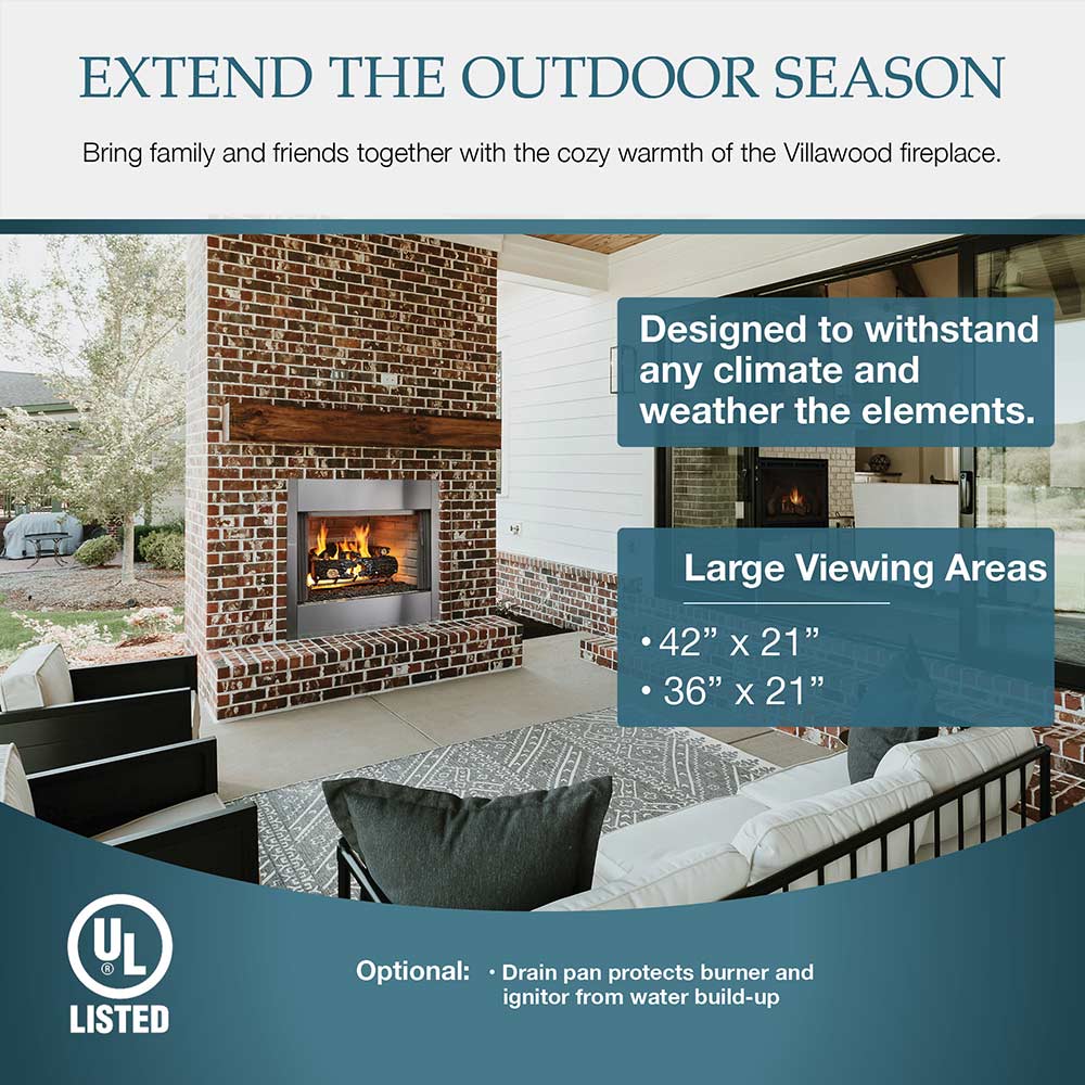 Outdoor fireplace viewing area brochure graphic showing large window opening sizes