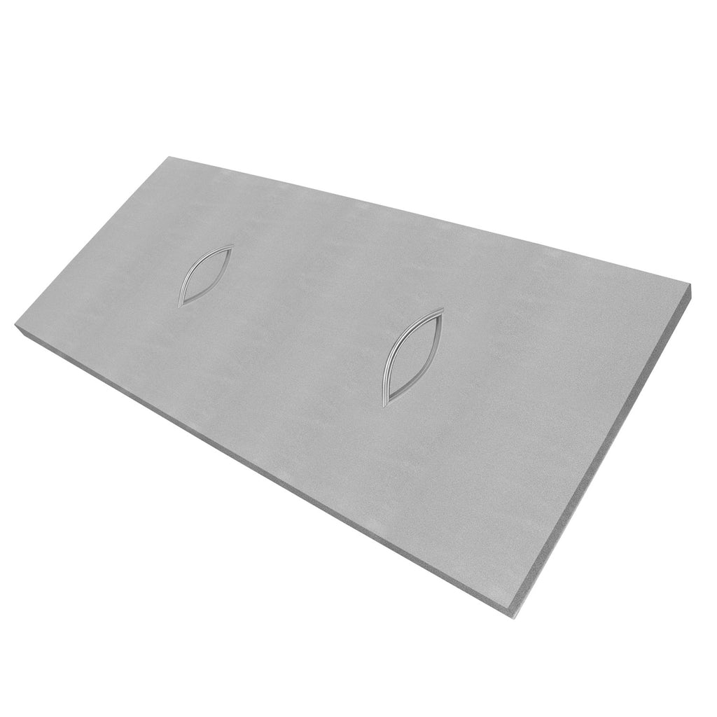 Outdoor fireplace weather cover, gray fabric with leaf-style emblem on top