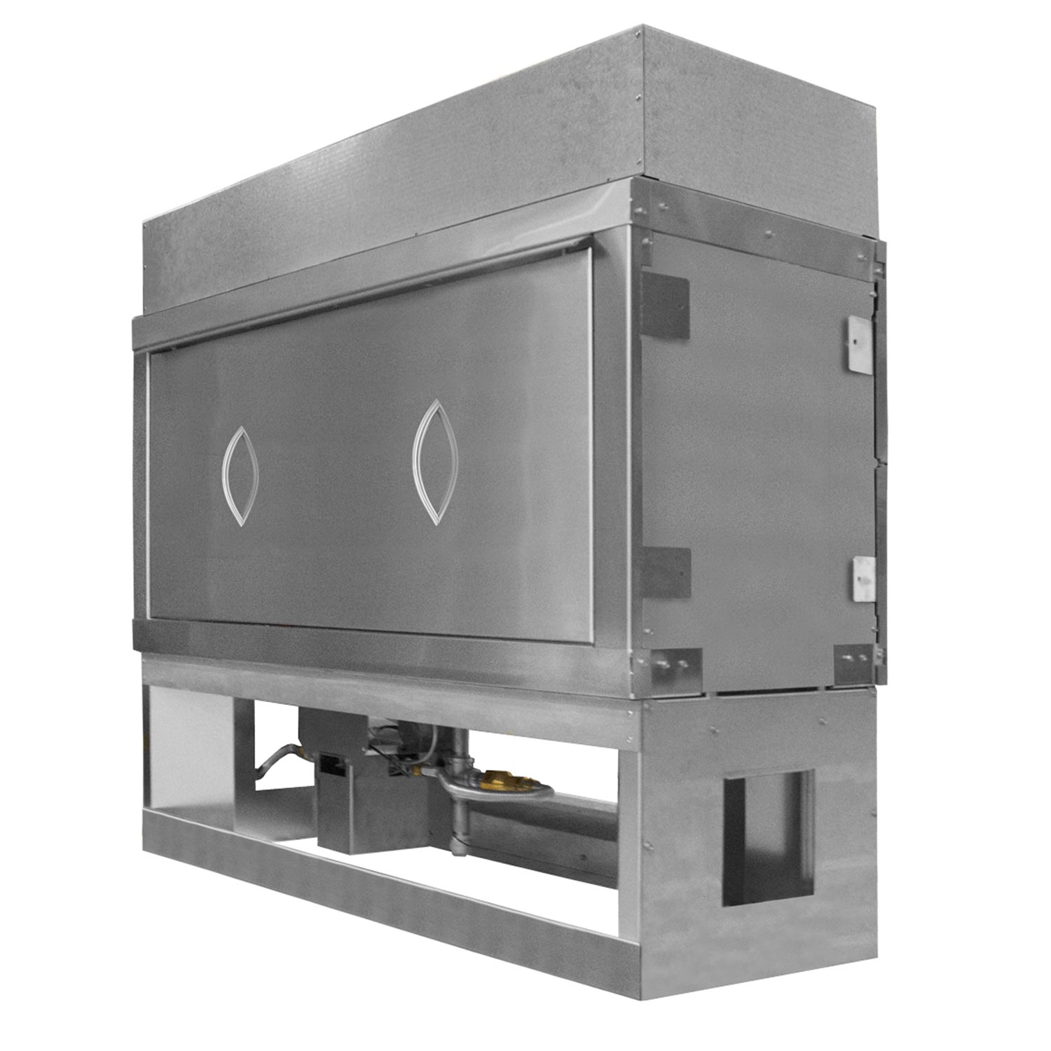 Fireplace weather cover with hinged side panels and vented cutout window, gray
