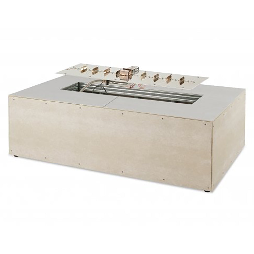 Fire pit table kit with light gray base and open burner box with metal grate