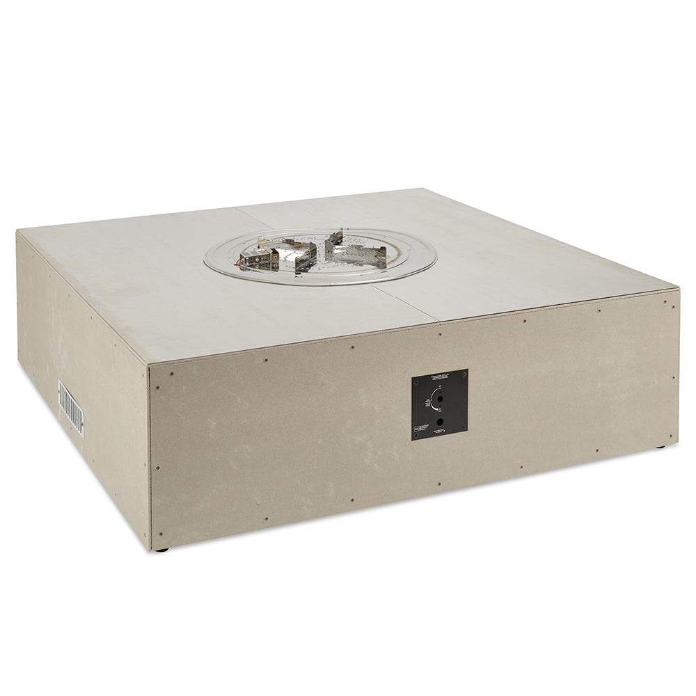 Square fire pit table kit with round burner insert and side control panel, ready to finish.