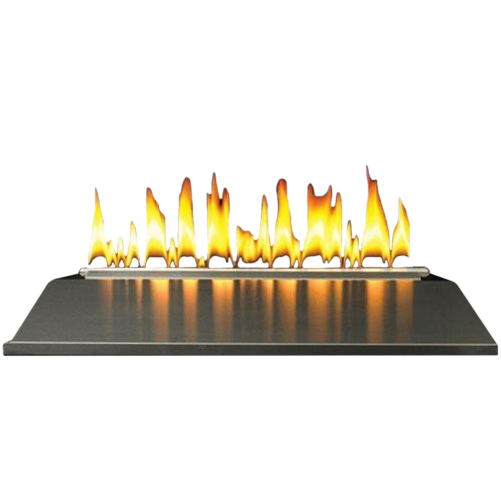 Outdoor gas burner with flames, rectangular metal base on top