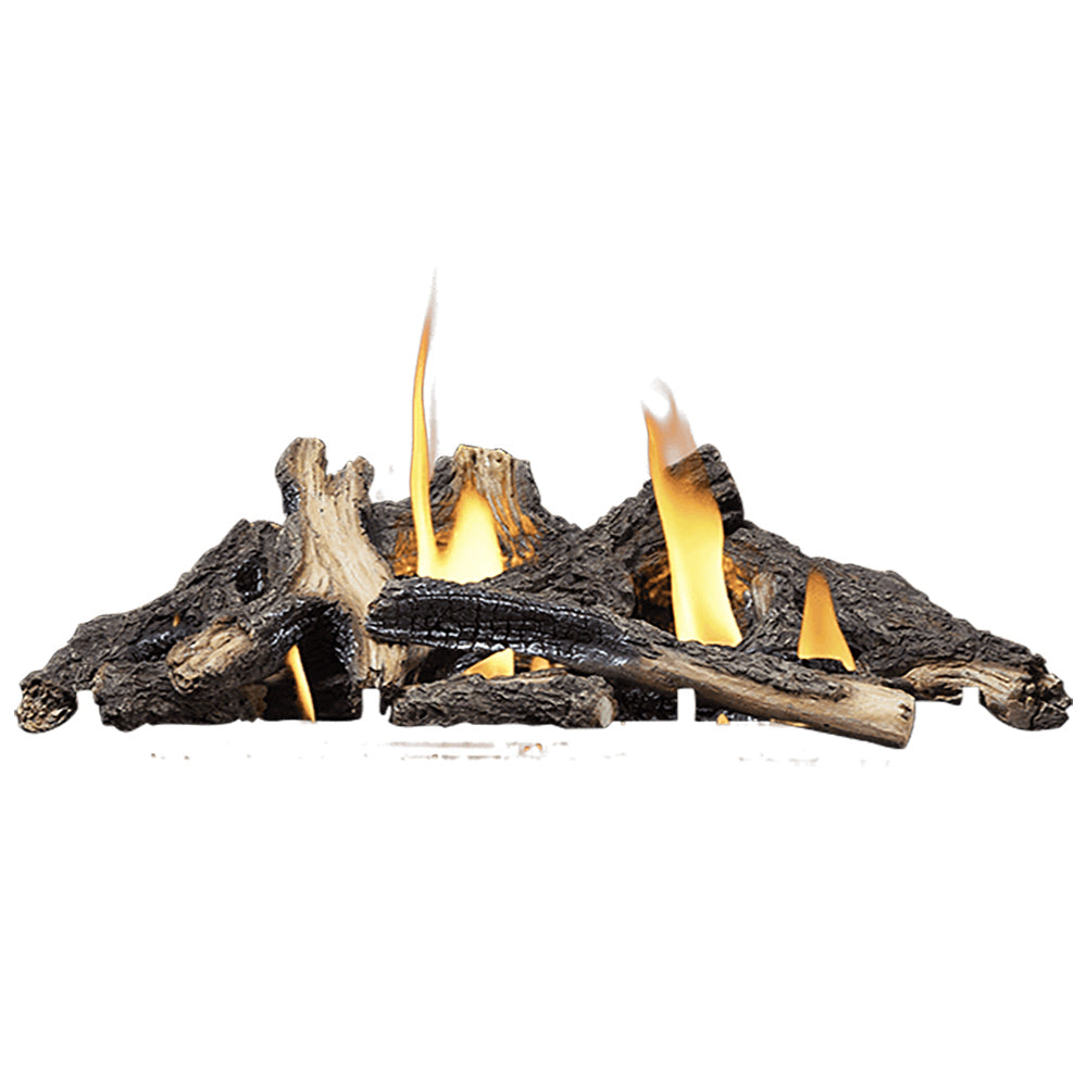 Gas fireplace log set with dark oak-style logs and two visible yellow flames