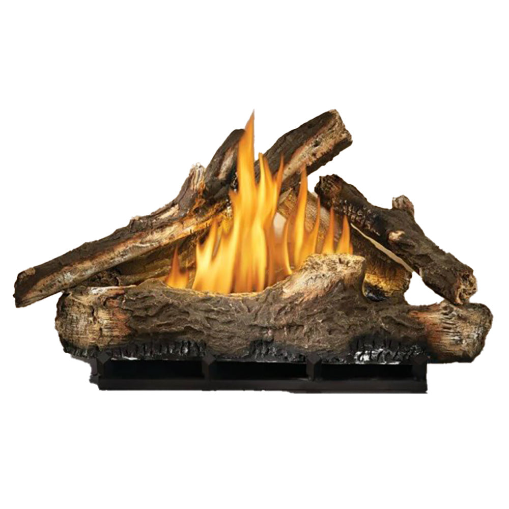 Dark oak-style log set with bright flames on a black burner base