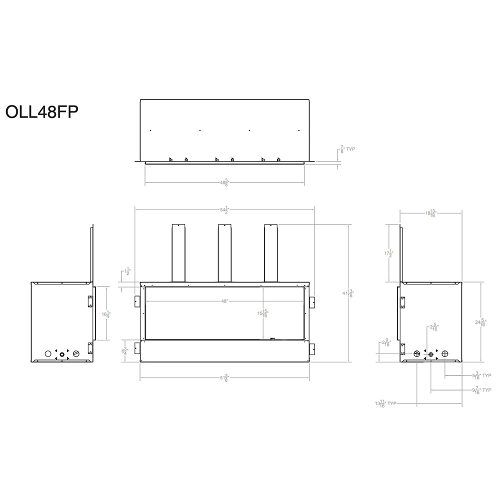 Linear fireplace technical drawing showing dimensions and control layout