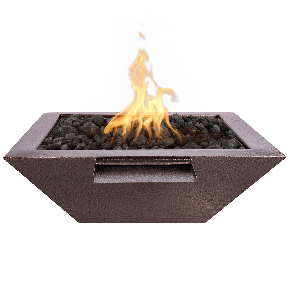 Square gas fire and water bowl with flames, dark brown powder-coated finish