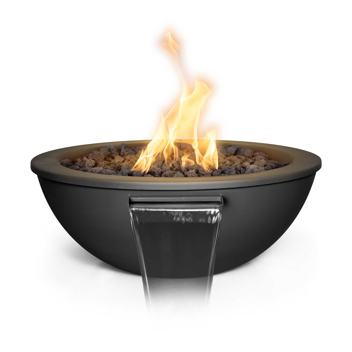 Black round steel fire and water bowl with flame over lava rocks