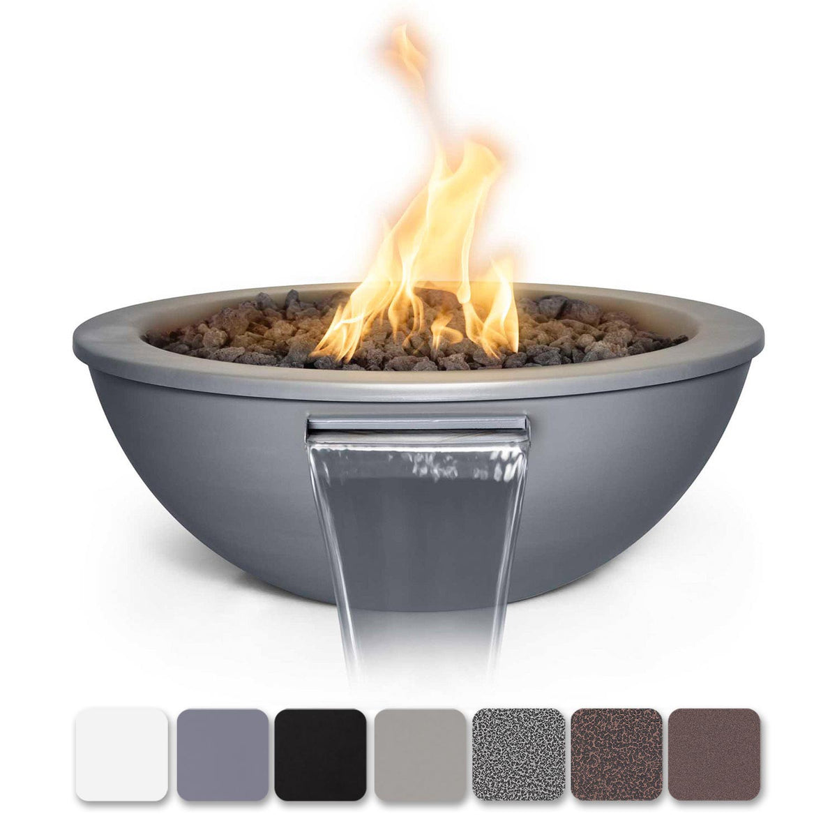 Gray round steel gas fire and water bowl with flame over rocks