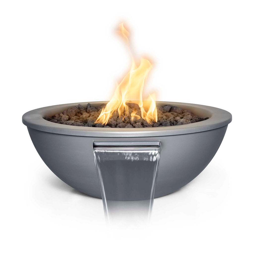 Dark gray round steel fire and water bowl with flame and burner opening