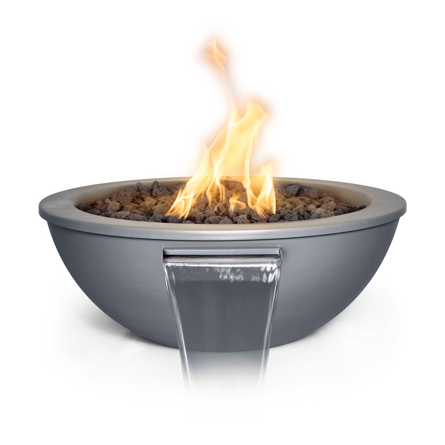 Dark gray round steel fire and water bowl with flame and burner opening