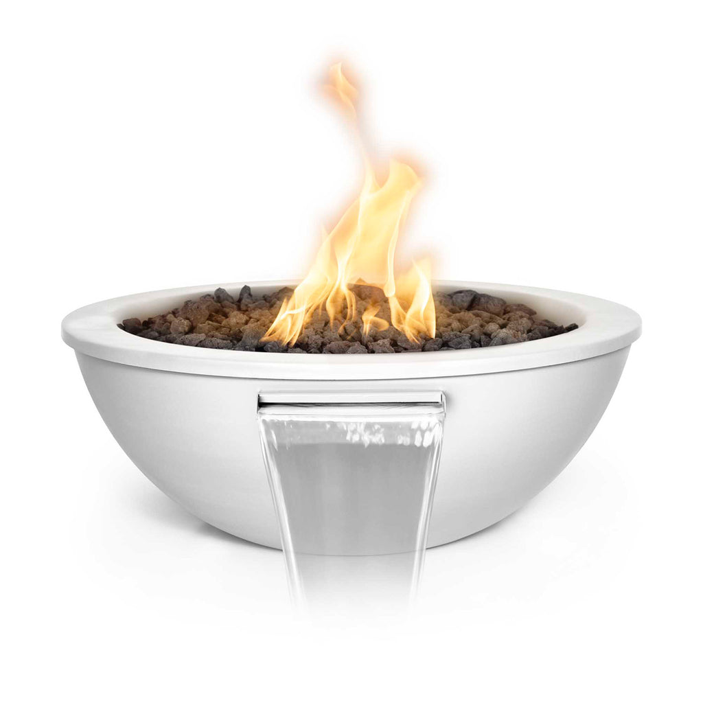 White round steel fire and water bowl with flame and clear burner shield