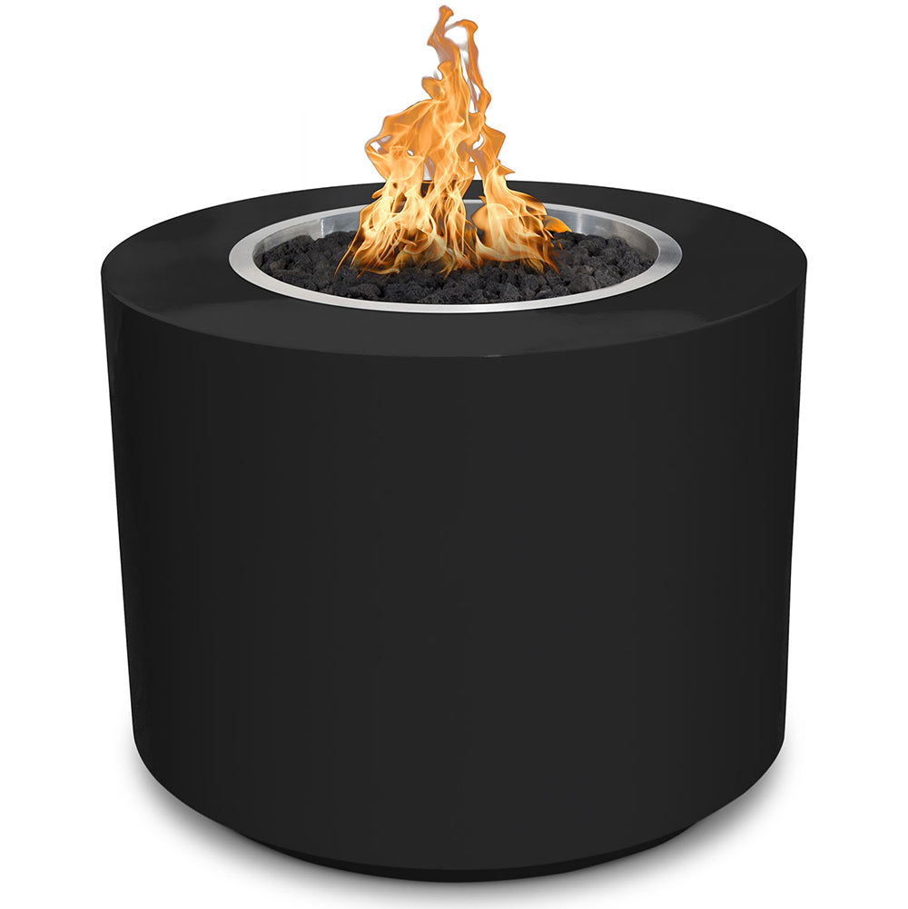 Powder-coated steel gas fire pit in black with flames in round burner