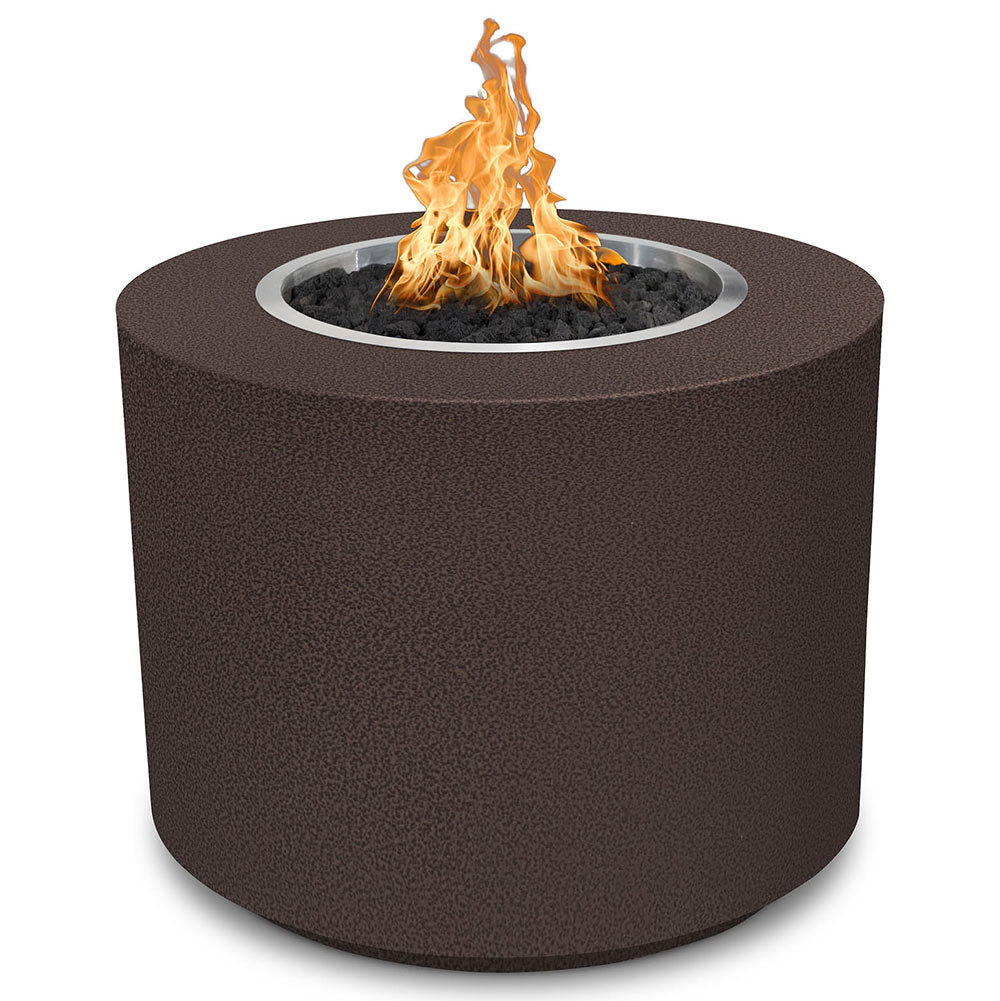 Brown speckled round gas fire pit with flames rising from a charcoal-filled burner ring
