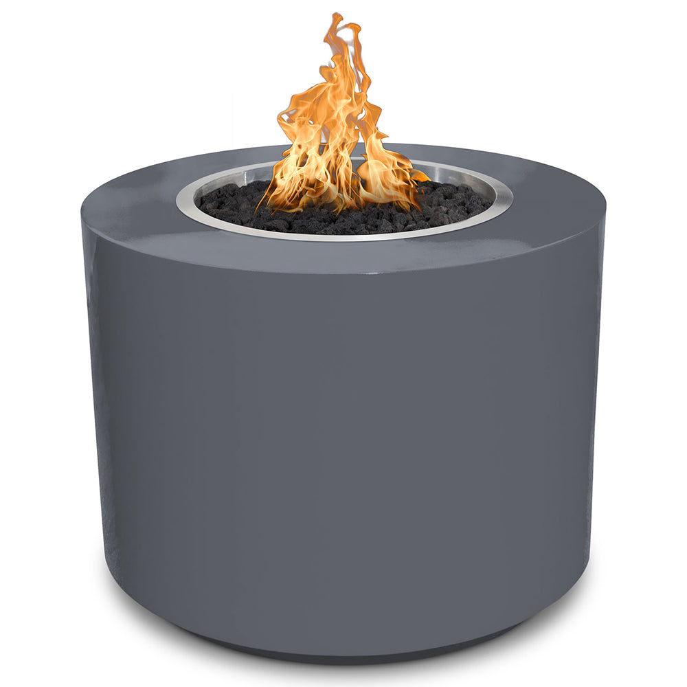 Powder-coated steel gas fire pit in dark gray with flames in round burner