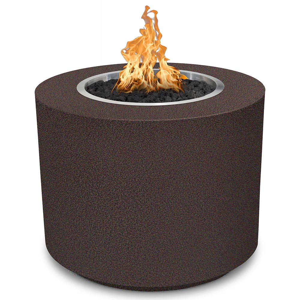 Powder-coated steel gas fire pit in dark brown with flames in round burner