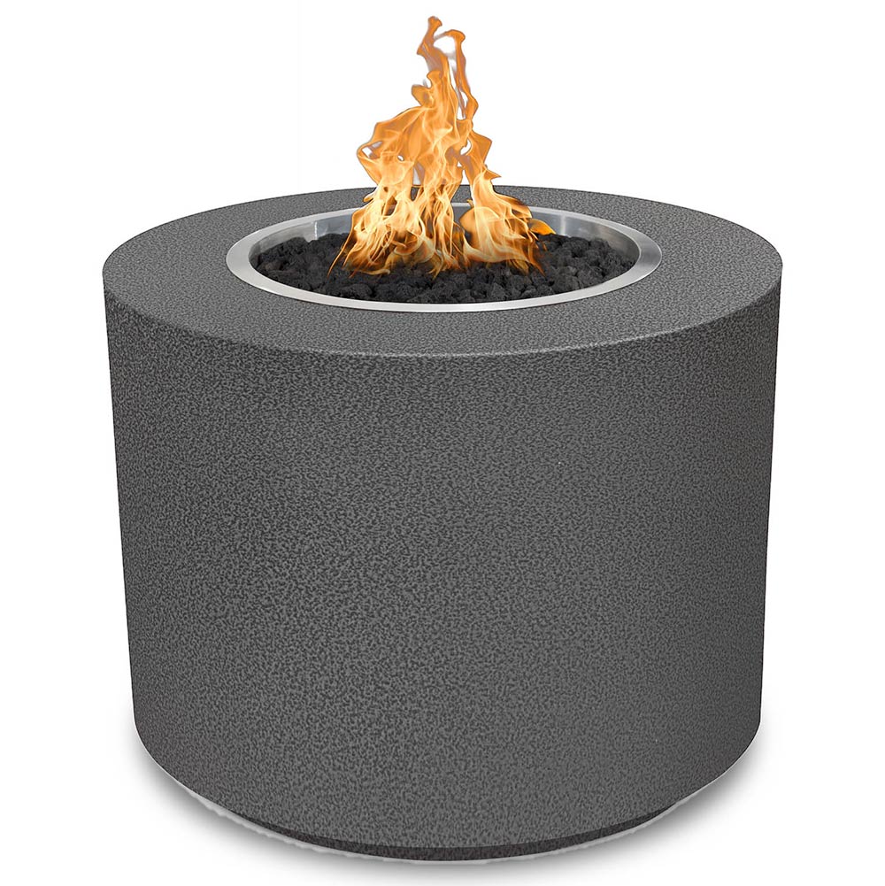 Dark gray round steel gas fire pit with circular burner and visible flames