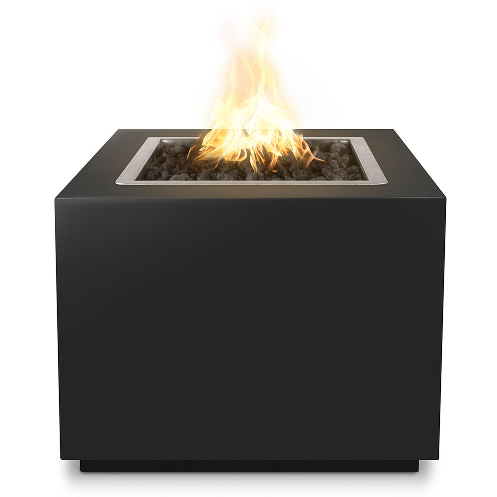 Black square gas fire pit with burning flames and recessed black fire pan