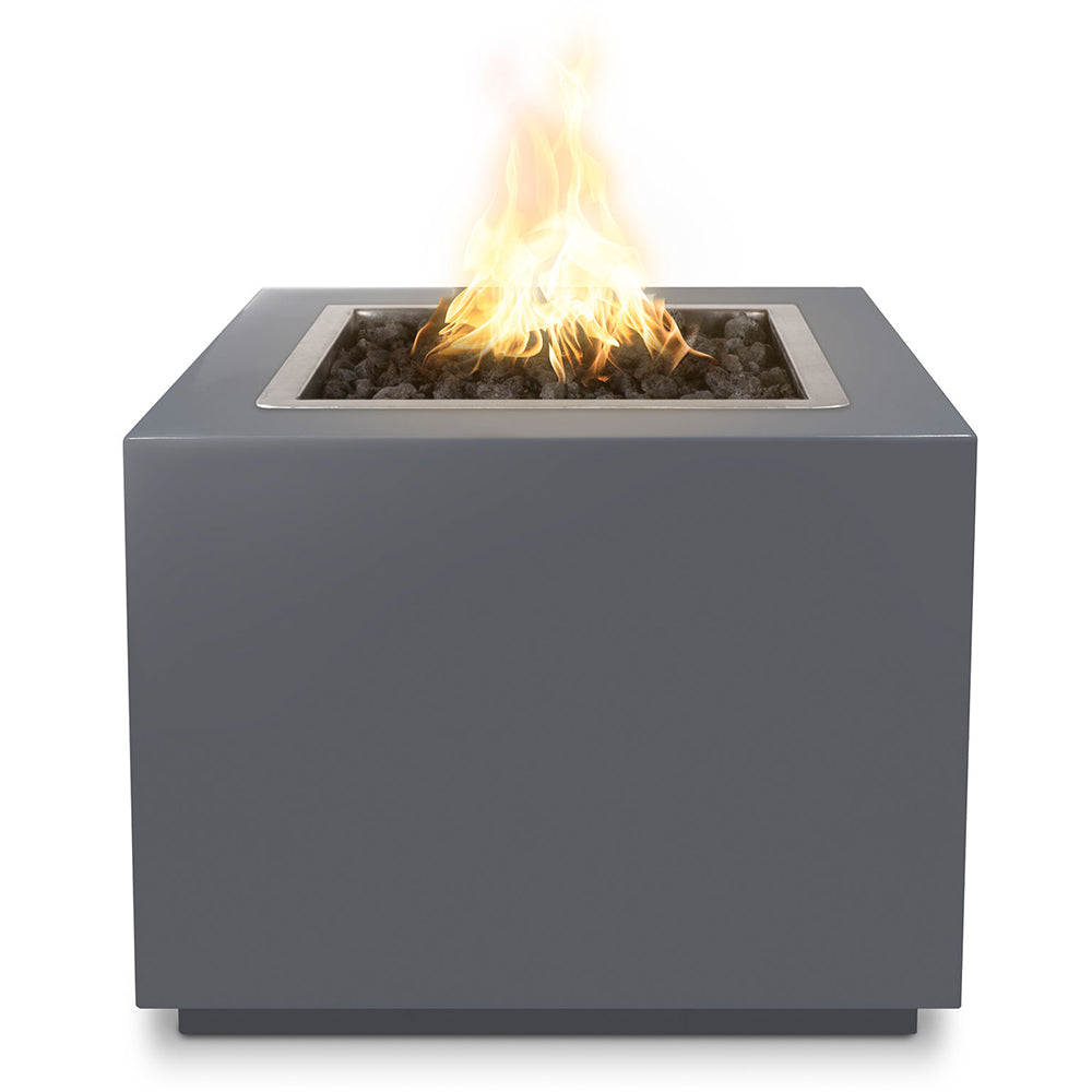 Gray square gas fire pit with flame in recessed burner tray