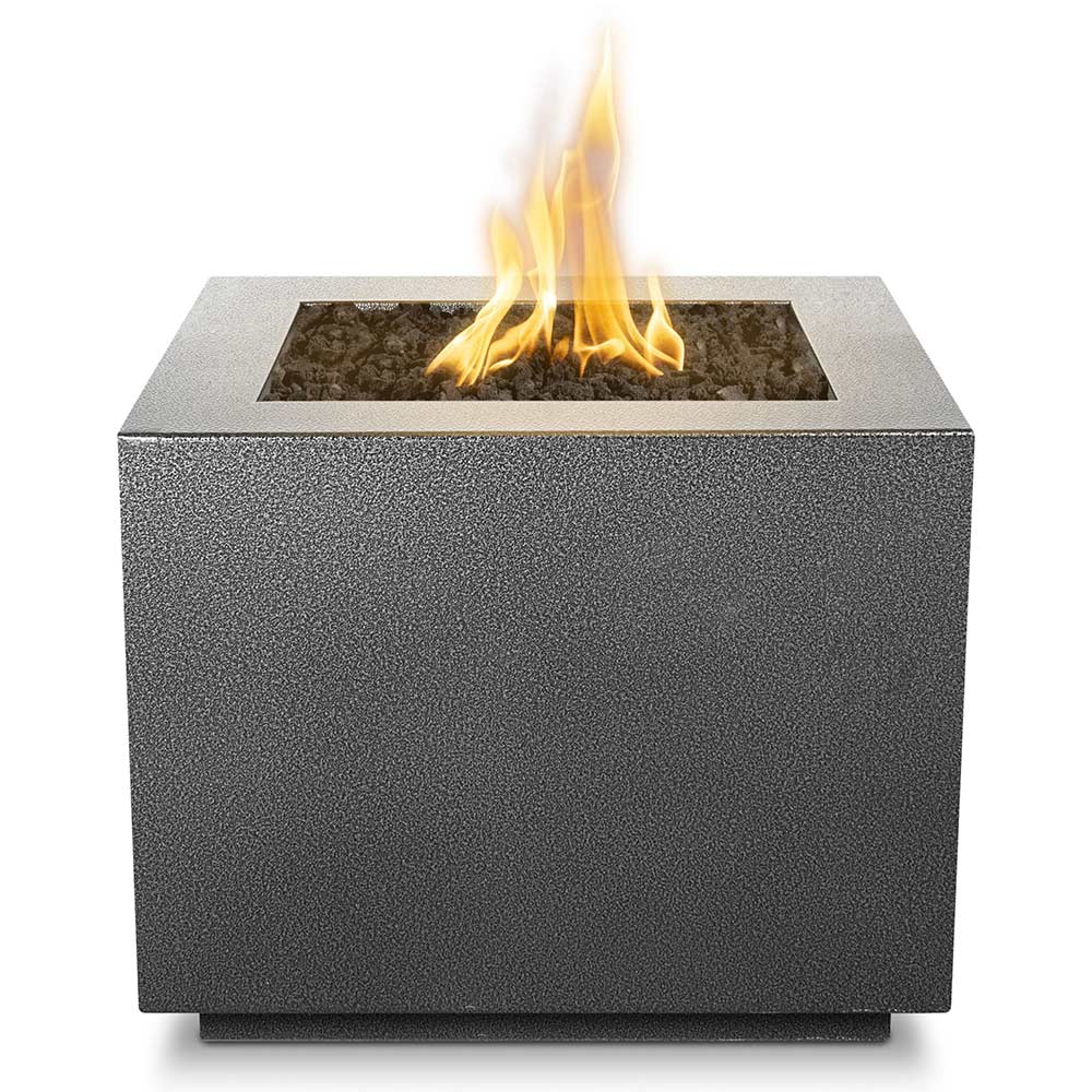 Dark gray speckled square gas fire pit with flame in center burner opening