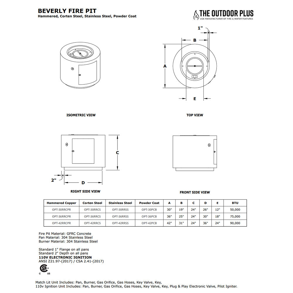 TOP Fires by The Outdoor Plus Beverly 42-Inch Round Powder Coated Steel Gas Fire Pit