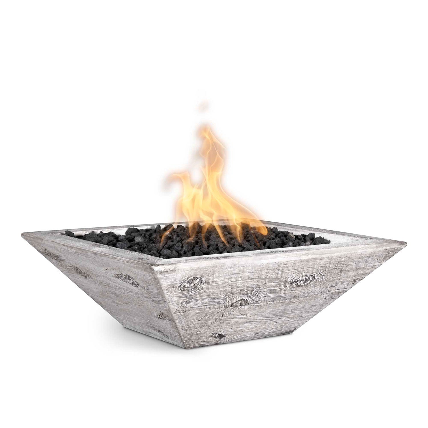 Square wood-grain concrete gas fire bowl with open top and flames, front view