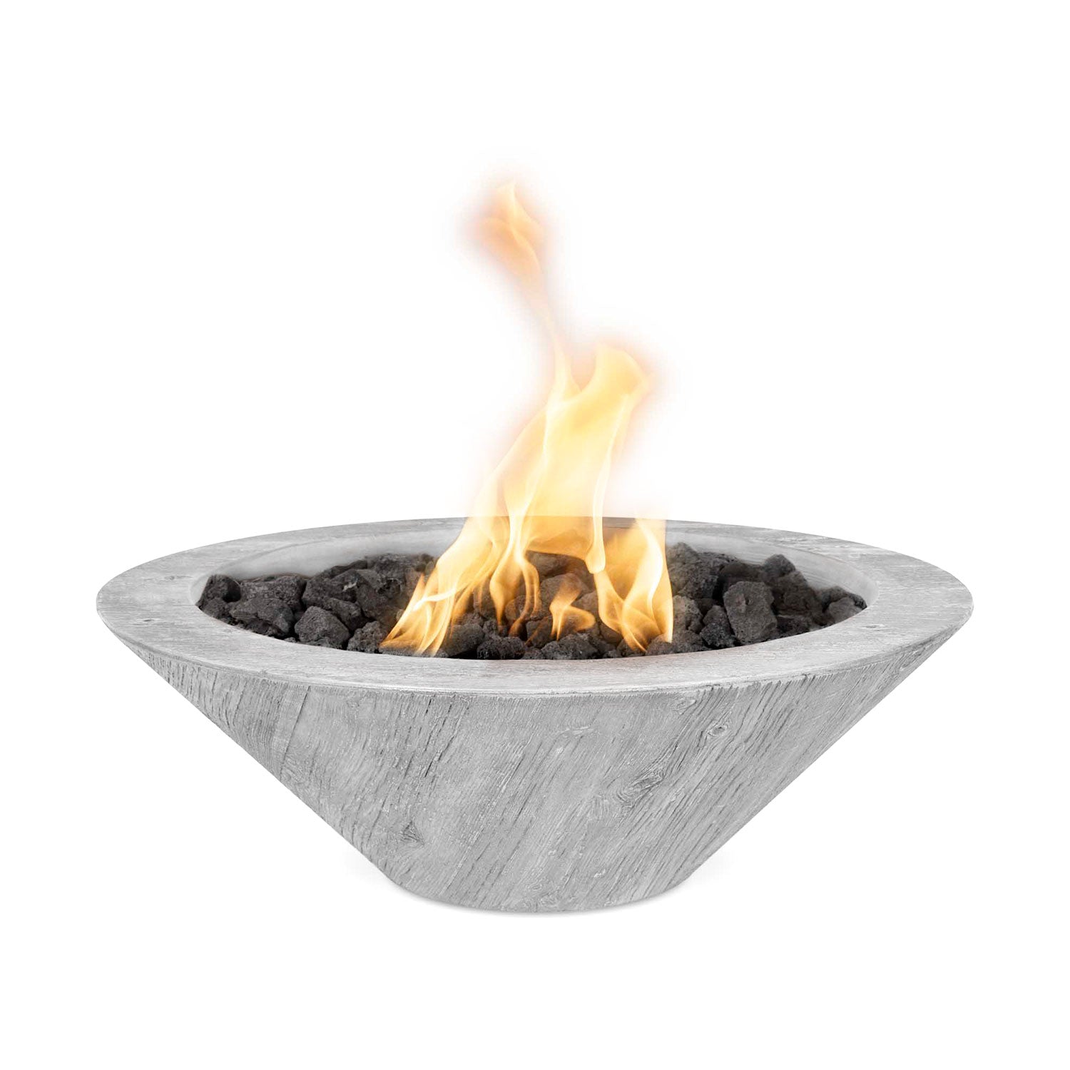 24-inch round gas fire bowl with light gray wood grain concrete, flames over fire rocks